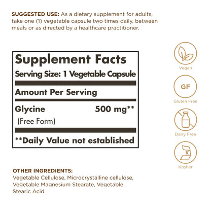 Solgar Glycine 500 mg - 100 Vegetable Capsules - Non-GMO, Vegan, Gluten Free, Dairy Free, Kosher - 100 Servings