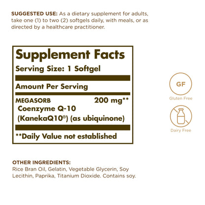 Solgar Megasorb CoQ-10 200 mg - 30 Softgels - Enhanced Absorption - Gluten Free, Dairy Free - 30 Servings