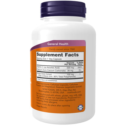 NOW Foods Supplements, Grape Seed 100 mg - Standardized Extract, Highly Concentrated Extract with a Minimum of 90% Polyphenols, with Vitamin C, 200 Veg Capsules