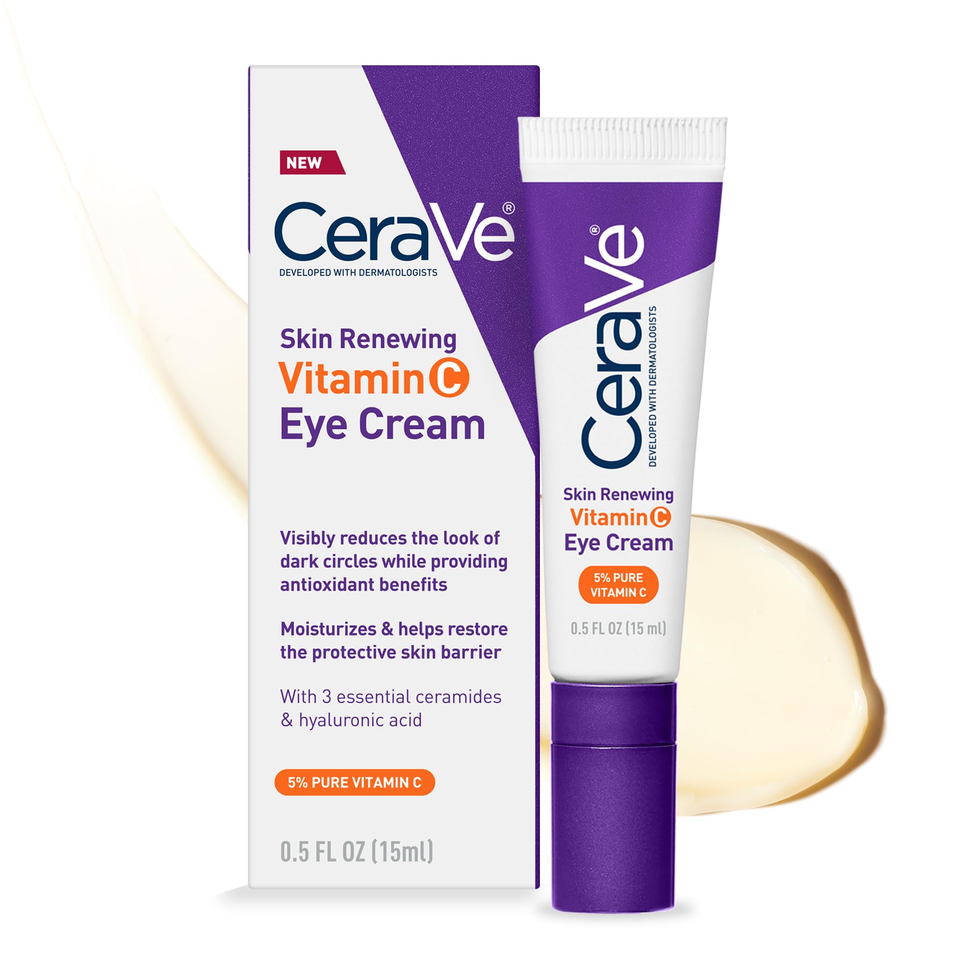 CeraVe Vitamin C Eye Cream, Hyaluronic Acid Under Eye Brightener, 0.5oz