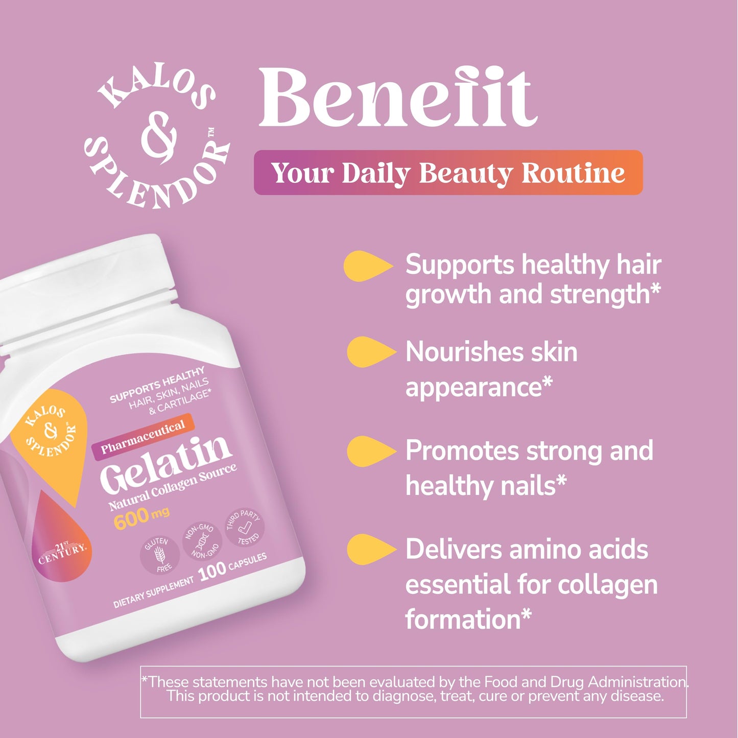 21st Century Gelatin 600mg Capsules for Hair, Skin & Nails, 100 Count