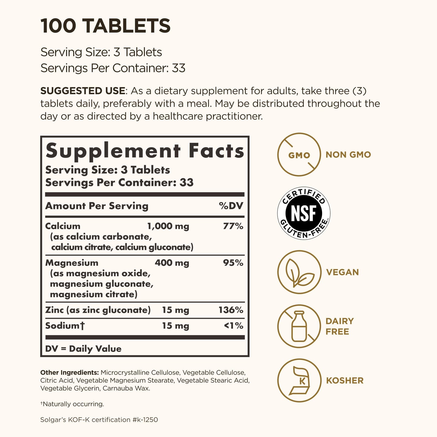 Solgar Calcium Magnesium Plus Zinc, 100 Tablets - 33 Servings - Gluten Free