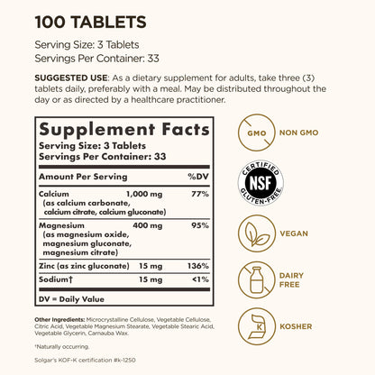 Solgar Calcium Magnesium Plus Zinc, 100 Tablets - 33 Servings - Gluten Free