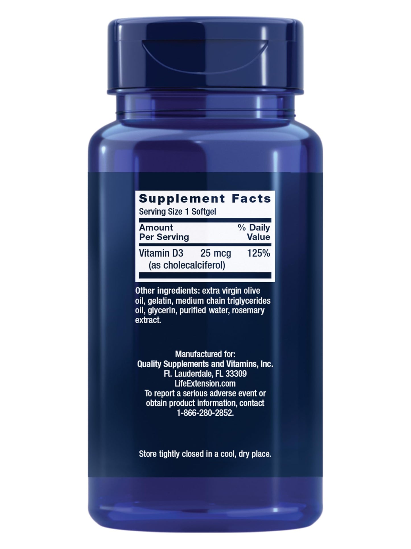 Life Extension Vitamin D3 25 mcg (1000 IU), Immune System Support, Bone Health, Whole-Body Health, Value Size, Gluten-Free, Non-GMO, 250 softgels