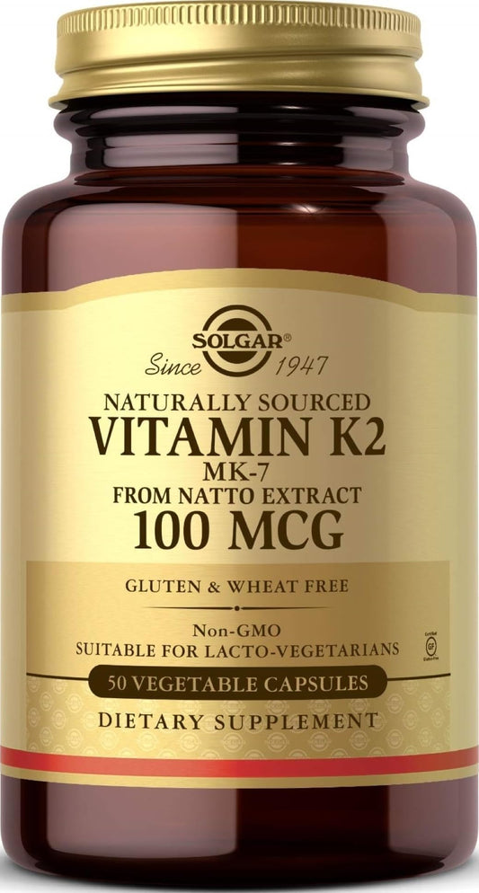 Solgar Naturally Sourced Vitamin K2 (MK-7) 100 mcg - 50 Vegetable Capsules - Supports Bone Health - Whole Food Source from Natto Extract - Non-GMO, Gluten Free - 50 Total Servings