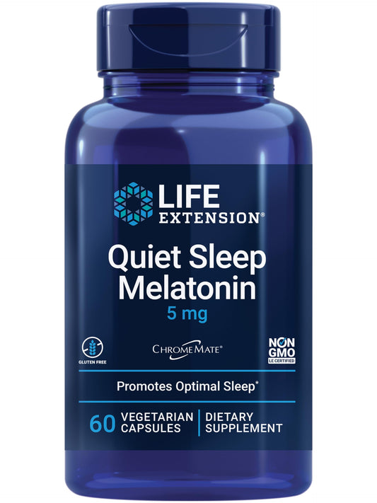 Life Extension Quiet Sleep Melatonin, 5 mg, Powerful Sleep Support, Healthy circadian Rhythms, Cellular Defense, Gluten-Free, Non-GMO, Vegetarian, 60 Capsules