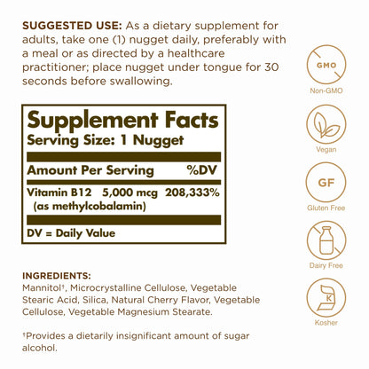 Solgar Methylcobalamin (Vitamin B12) 5000 mcg, 60 Nuggets (Pack of 3) - Cherry Flavor - Supports Energy Metabolism - Body-Ready, Active Form - Non-GMO, Vegan, Gluten Free - 180 Total Servings