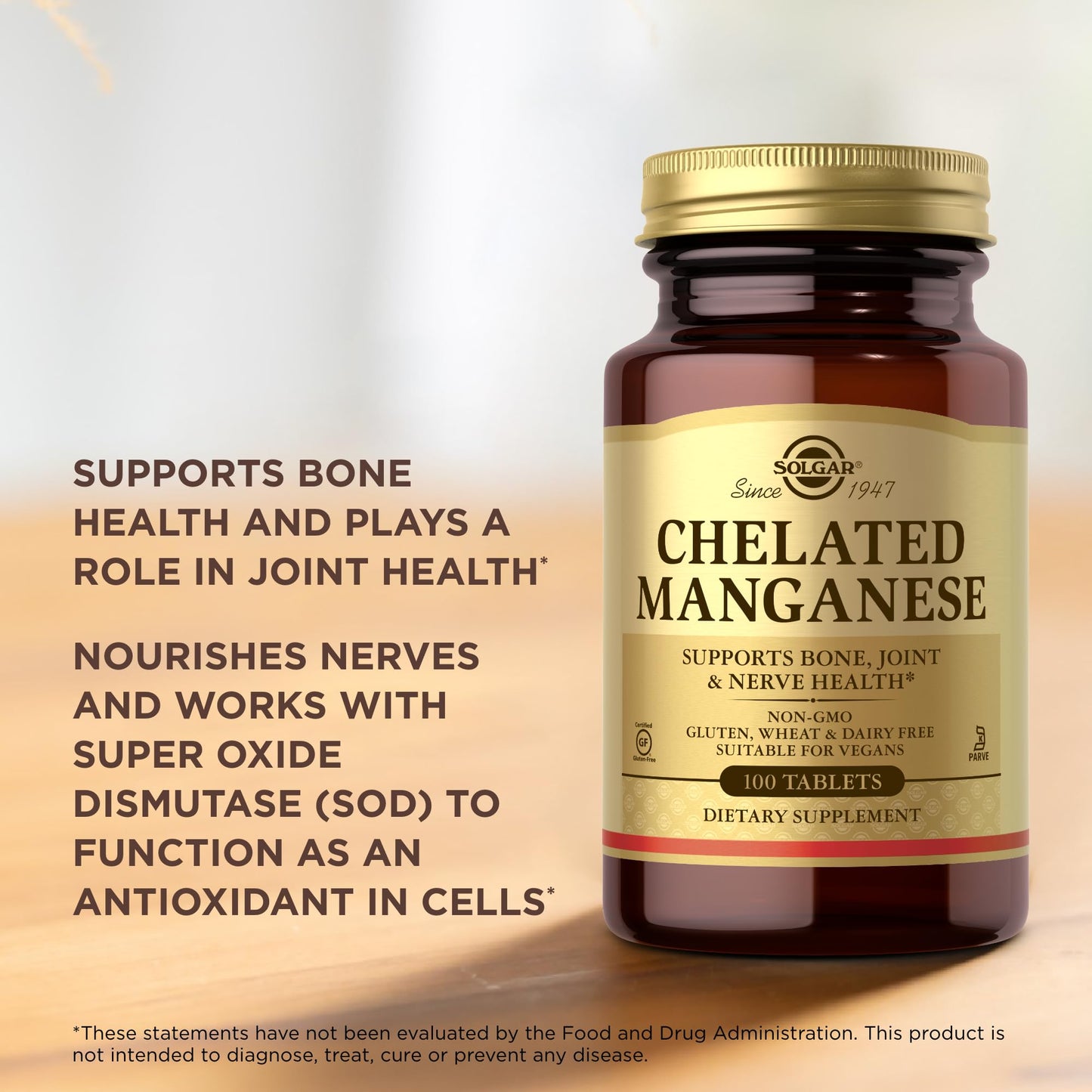 Solgar Chelated Manganese - 100 Tablets, Pack of 3 - Supports Bone, Joint & Nerve Health - Non-GMO, Vegan, Gluten Free, Dairy Free, Kosher - 300 Total Servings