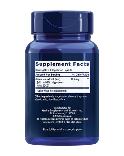 Life Extension Lightly Caffeinated Mega Green Tea Extract, Camellia sinensis Extract with Concentrated EGCG polyphenol Content, Gluten-Free, Non-GMO, Vegetarian, 100 Capsules