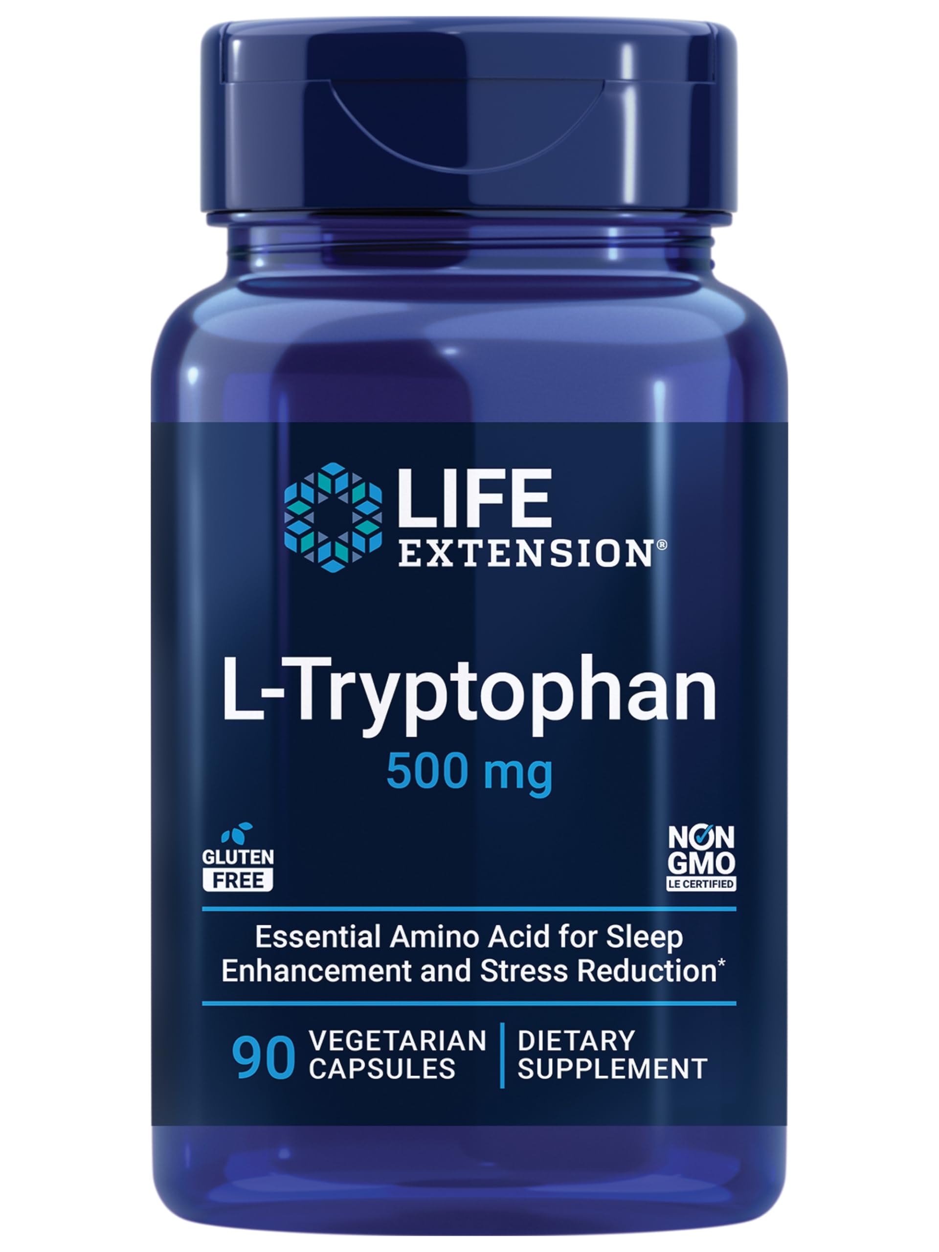 Life Extension L-Tryptophan, 500 mg, Encourages Healthy Serotonin Levels and Promotes Healthy Sleep, Mood, Stress Response & Satiety, Gluten-Free, Non-GMO, Vegetarian, 90 Capsules