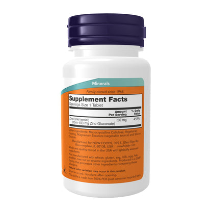NOW Foods Zinc Gluconate, 100 Tablets / 50mg