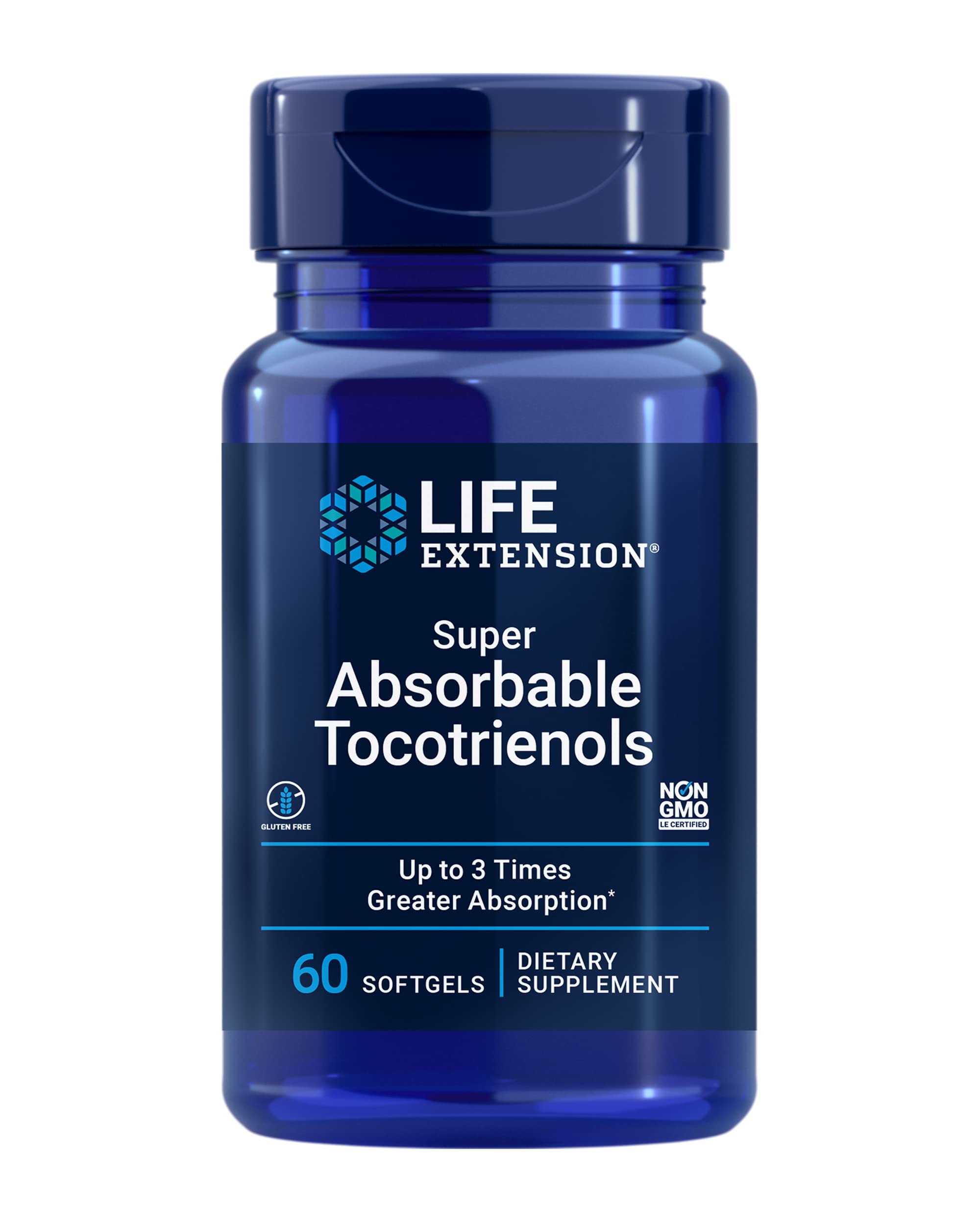 Life Extension Super Absorbable Tocotrienols, Vitamin E as D-Alpha tocopherol, Mixed tocotrienols, Support Hair Growth, Brain Function, Gluten-Free, Non-GMO, 60 softgels