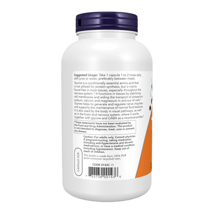 NOW Foods Supplements, Taurine 1,000 mg, Double Strength, Nervous System Health*, 250 Veg Capsules