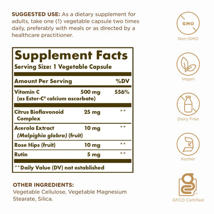 Solgar Ester-C Plus 500 mg Vitamin C (Ascorbate Complex) - 100 Vegetable Capsules, Pack of 2 - Antioxidant & Immune Support - Non GMO, Vegan, Gluten Free, Kosher - 200 Total Servings