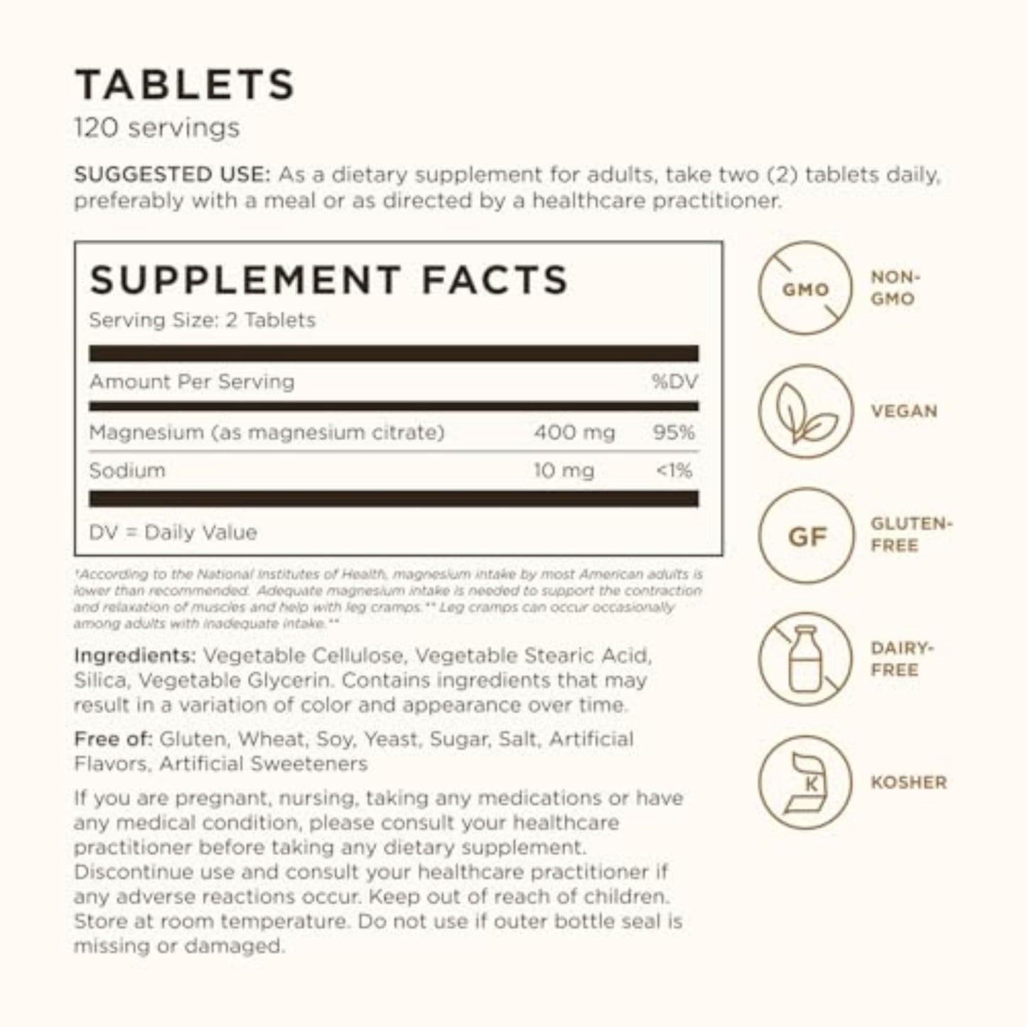 Solgar Magnesium Citrate, 120 Tablets - Promotes Calm, Non-GMO, Gluten Free