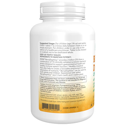 NOW Foods Supplements, BerryDophilus™ with 2 Billion, 10 Probiotic Strains, Xylitol Sweetened, Strain Verified, 120 Chewables, packaging may vary