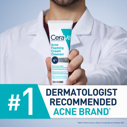 CeraVe Foaming Acne Cream Cleanser, Face Wash with 4% Benzoyl Peroxide, 5oz