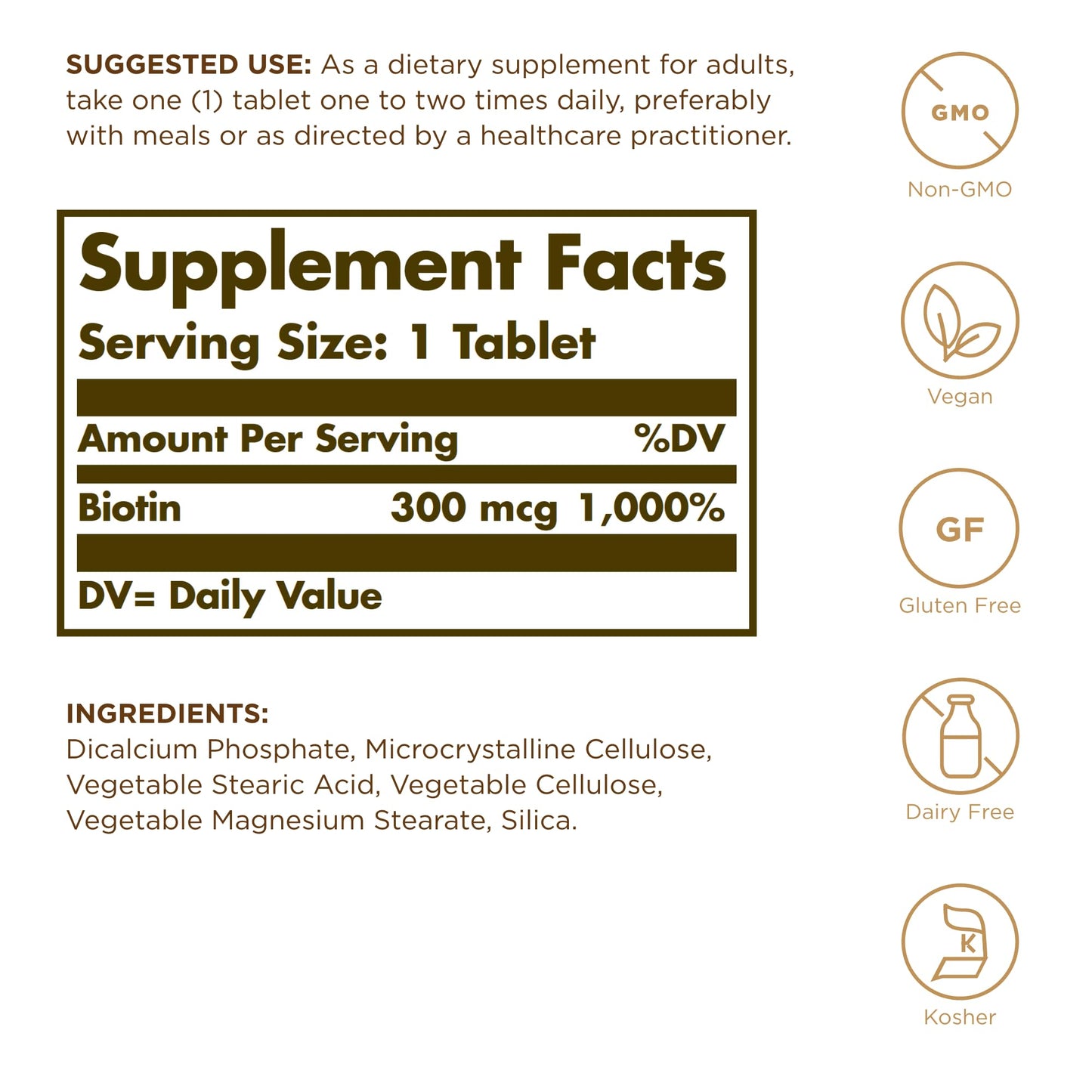 Solgar Biotin 300 mcg - 100 Tablets - Supports Healthy Skin, Nails & Hair - Non-GMO, Vegan, Gluten Free, Dairy Free, Kosherl - 100 Servings