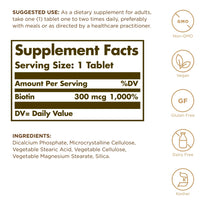 Solgar Biotin 300 mcg - 100 Tablets - Supports Healthy Skin, Nails & Hair - Non-GMO, Vegan, Gluten Free, Dairy Free, Kosherl - 100 Servings