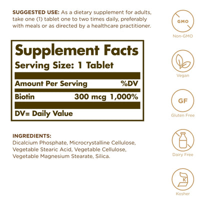 Solgar Biotin 300 mcg - 100 Tablets - Supports Healthy Skin, Nails & Hair - Non-GMO, Vegan, Gluten Free, Dairy Free, Kosherl - 100 Servings