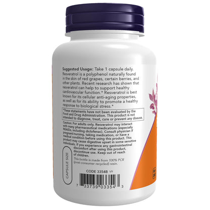 NOW Supplements, Natural Resveratrol 200 mg with Red Wine Extract, 120 Veg Capsules