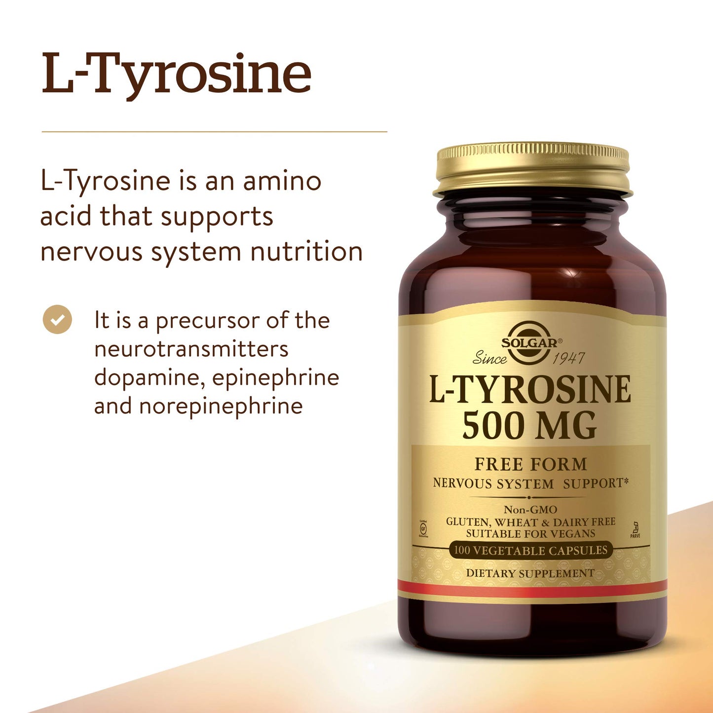 Solgar L-Tyrosine 500 mg, 100 Vegetable Capsules - Vegan, Gluten Free