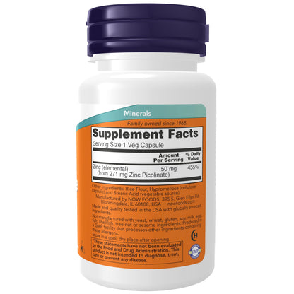 Now Foods Supplements, Zinc Picolinate 50 mg, Supports Enzyme Functions*, Immune Support*, 30 Veg Capsules