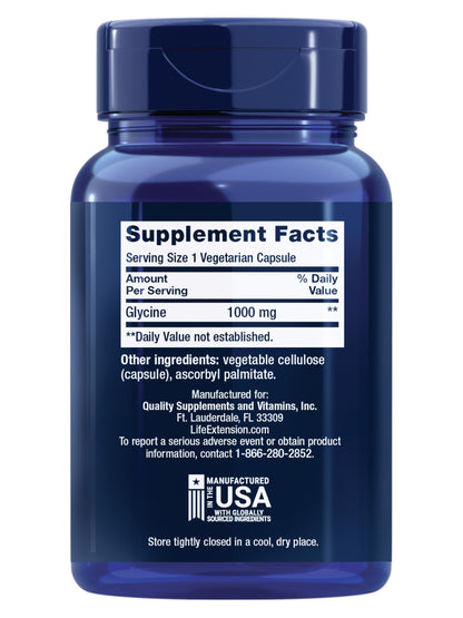 Life Extension Glycine, 1000 mg, Amino Acid that Promotes Healthy Sleep, Gluten-Free, Non-GMO, Vegetarian, 100 Capsules