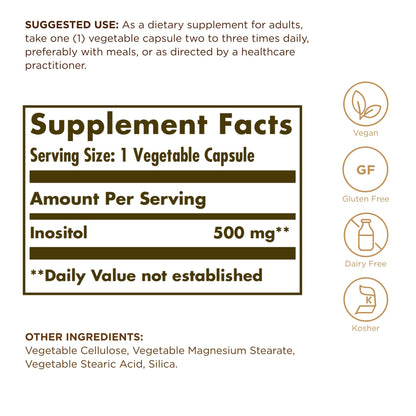 Solgar Inositol 500 mg - 100 Vegetable Capsules - Supports Cellular Function & Brain Health - Vegan, Gluten Free, Dairy Free, Kosher - 100 Servings