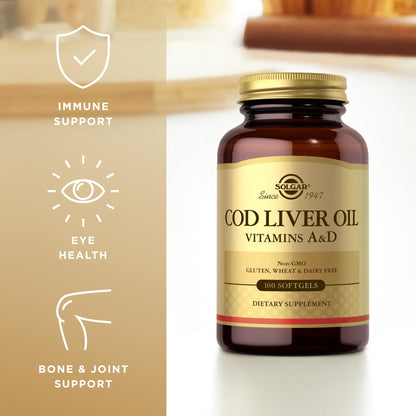 Solgar Cod Liver Oil - 100 Softgels - Provides Vitamins A & D - Non-GMO, Gluten Free - 100 Servings