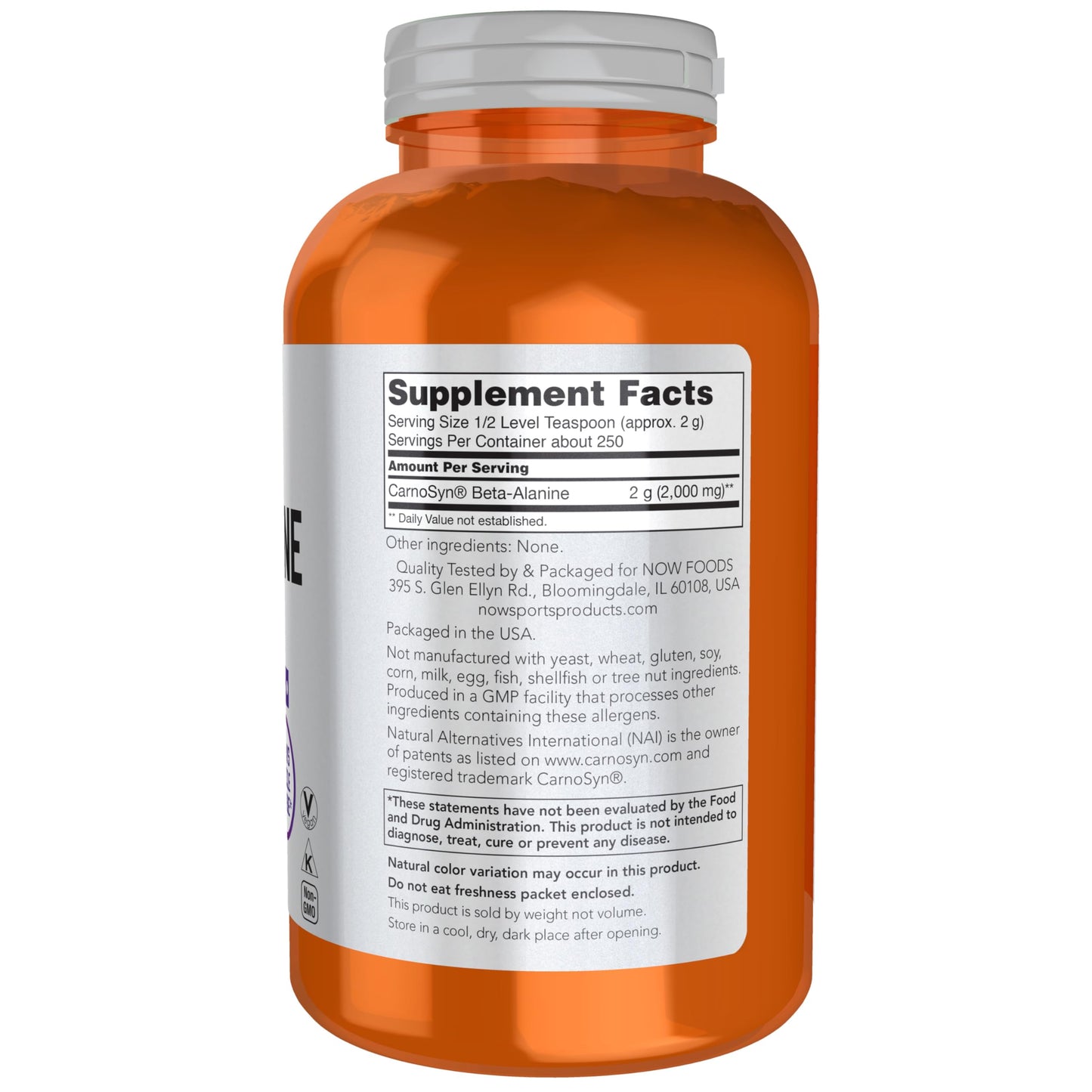 NOW Foods Sports Nutrition, Beta-Alanine Pure Powder 2,000 mg, Muscular Endurance*, 500 Grams