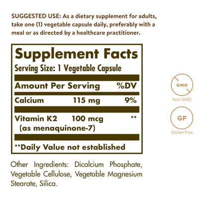 Solgar Naturally Sourced Vitamin K2 (MK-7) 100 mcg - 50 Vegetable Capsules - Supports Bone Health - Whole Food Source from Natto Extract - Non-GMO, Gluten Free - 50 Total Servings