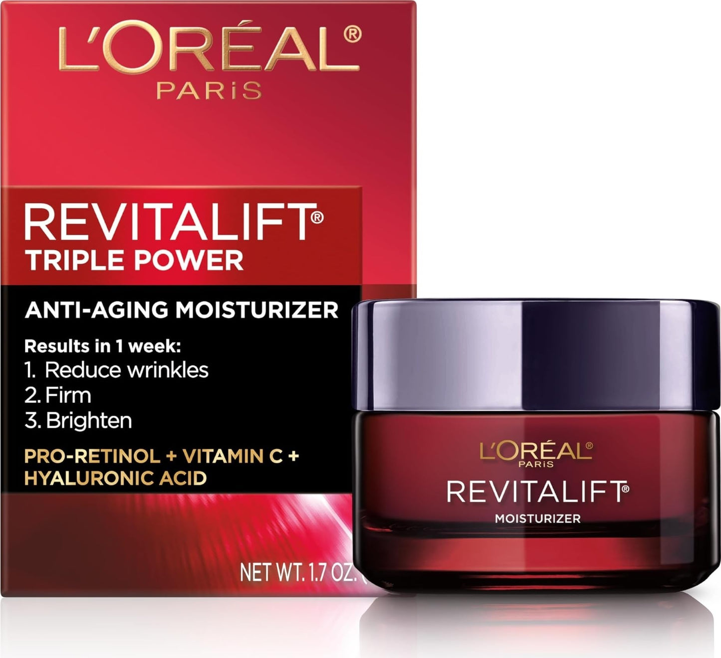 L'Oreal Paris Revitalift Triple Power Anti-Aging Face Moisturizer, Pro Retinol, Hyaluronic Acid & Vitamin C to Reduce Wrinkles, Firm & Brighten Skin, 1.7 Oz