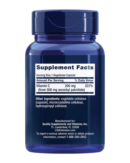 Life Extension Ascorbyl Palmitate 500mg – Fat-Soluble Vitamin C Supplement for Immune Support and Longevity – Water-Soluble Gluten-Free, Non-GMO, Vegetarian – 100 Capsules