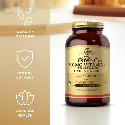 Solgar Ester-C Plus 500 mg Vitamin C (Ascorbate Complex) - 250 Vegetable Capsules - Gentle & Non Acidic - Antioxidant & Immune Support - Non GMO, Vegan, Gluten Free, Kosher - 250 Servings