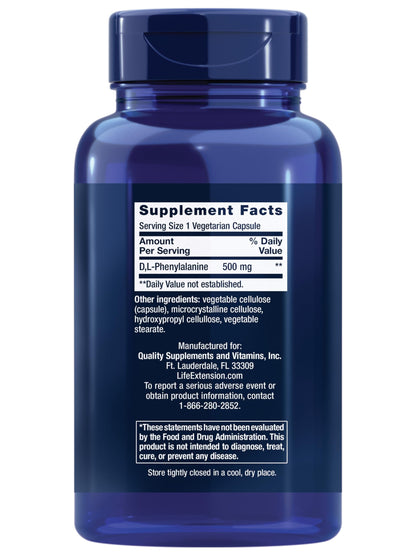 Life Extension D, L-Phenylalanine Capsules, 500 mg – Supports Mood Health, Promotes Neurotransmitter Health – Gluten-Free, Non-GMO, Vegetarian – 100 Capsules