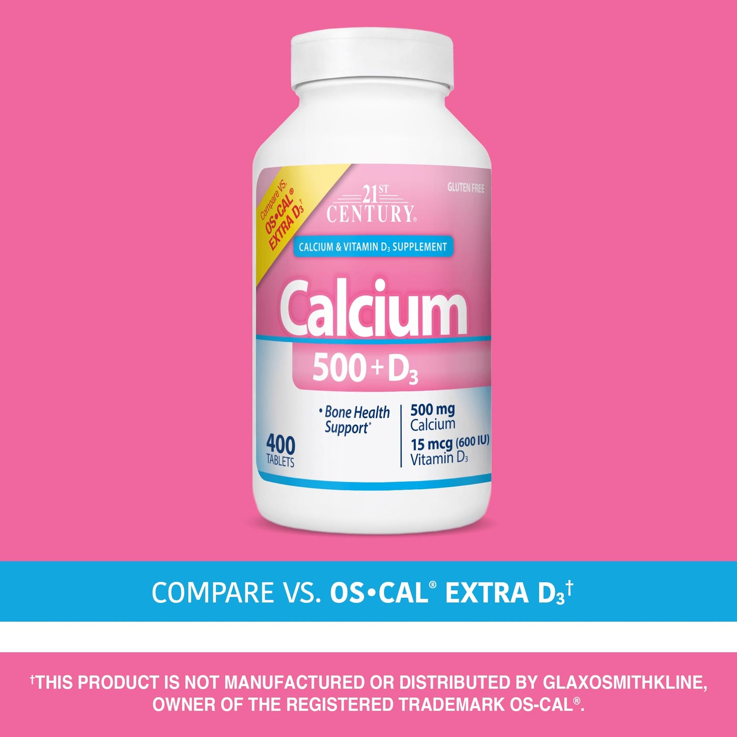 21st Century Calcium 500 Plus Extra D3 Caplets, Bone Health, 400 Count