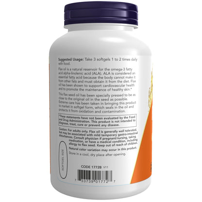 NOW Foods Supplements, Flax Oil 1,000 mg made with Organic Flax Oil, Cardiovascular Support*, 250 Softgels