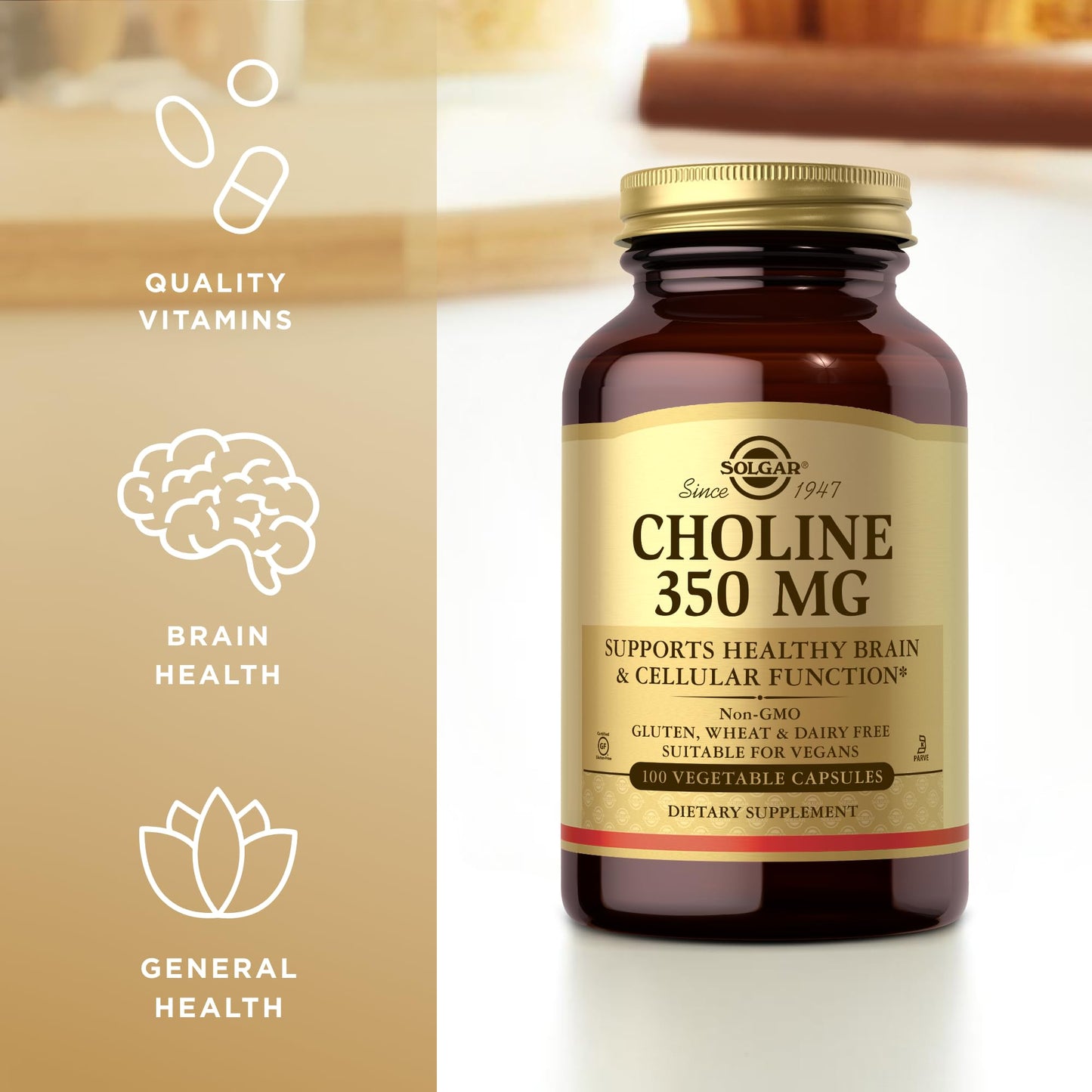 Solgar Choline 350 mg - 100 Vegetable Capsules - Non-GMO, Vegan, Kosher - 100 Servings