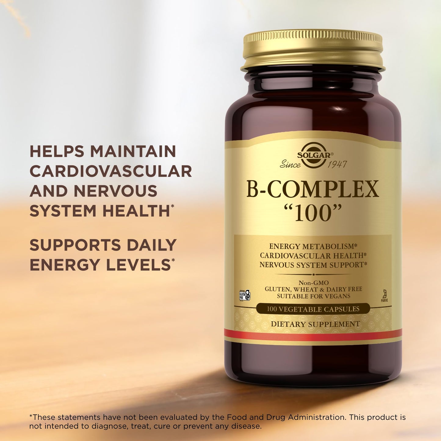Solgar B-Complex "100" - 100 Vegetable Capsules, Pack of 2 - Energy Metabolism, Cardiovascular Health, Nervous System Support - Non-GMO, Vegan, Gluten Free - 200 Total Servings