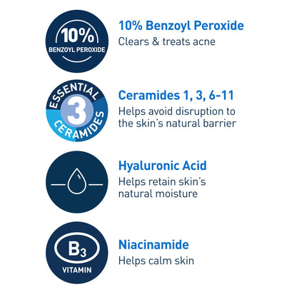 CeraVe Acne Foaming Cream Wash, 10% Benzoyl Peroxide Facial Cleanser, 5oz