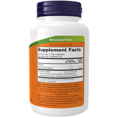 NOW Supplements, Cinnamon Bark 600 mg, Non-GMO Project Verified, Healthy Glucose Metabolism*, 120 Veg Capsules