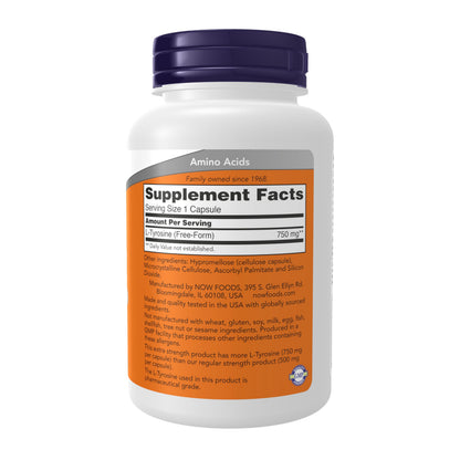 NOW Supplements, L-Tyrosine 750 mg, Supports Mental Alertness*, Neurotransmitter Support*, 90 Veg Capsules