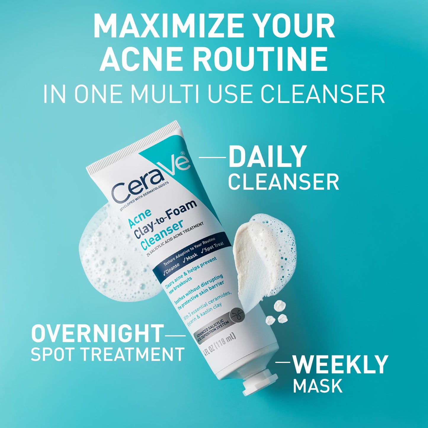 CeraVe Clay to Foam Acne Face Wash, Salicylic Acid Spot Treatment, 4 Oz