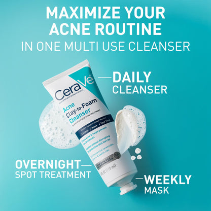 CeraVe Clay to Foam Acne Face Wash, Salicylic Acid Spot Treatment, 4 Oz
