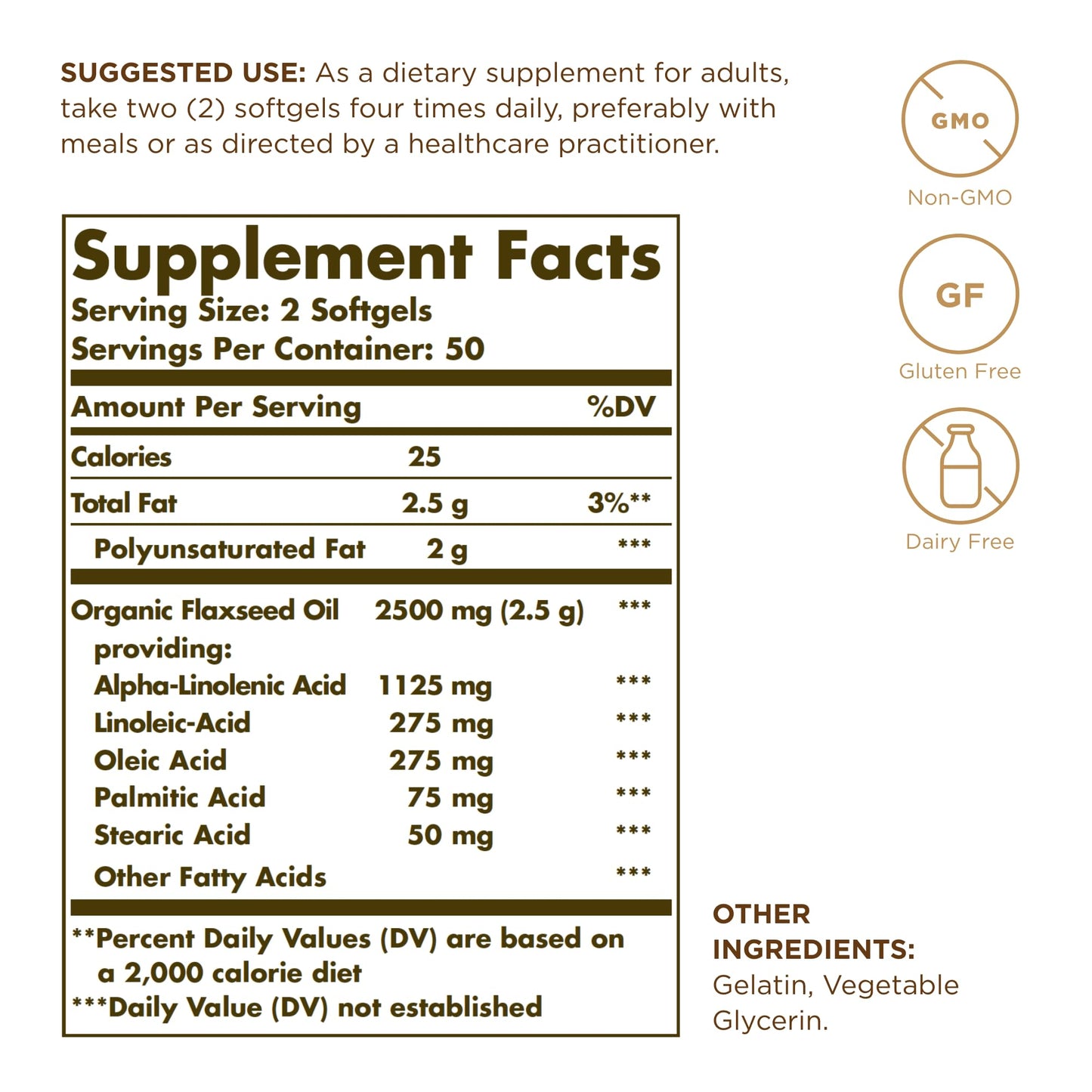 Solgar Flaxseed Oil 1250 mg - 100 Softgels - Concentrated Plant Source of Omega-3 Alpha-Linoleic Acid (ALA) - Non-GMO, Gluten Free - 50 Servings