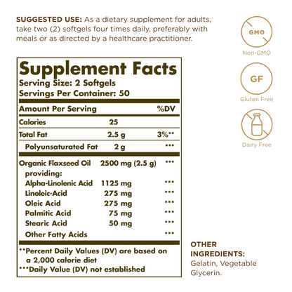 Solgar Flaxseed Oil 1250 mg - 100 Softgels, Pack of 3 - Concentrated Plant Source of Omega-3 Alpha-Linoleic Acid (ALA) - Non-GMO, Gluten Free - 150 Total Servings