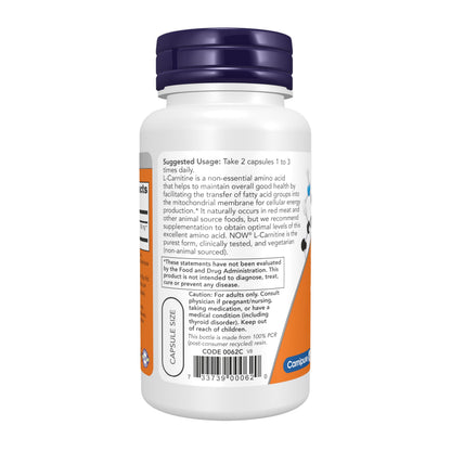 NOW Supplements, L-Carnitine 250 mg, Purest Form, Amino Acid, Fitness Support*, 60 Veg Capsules