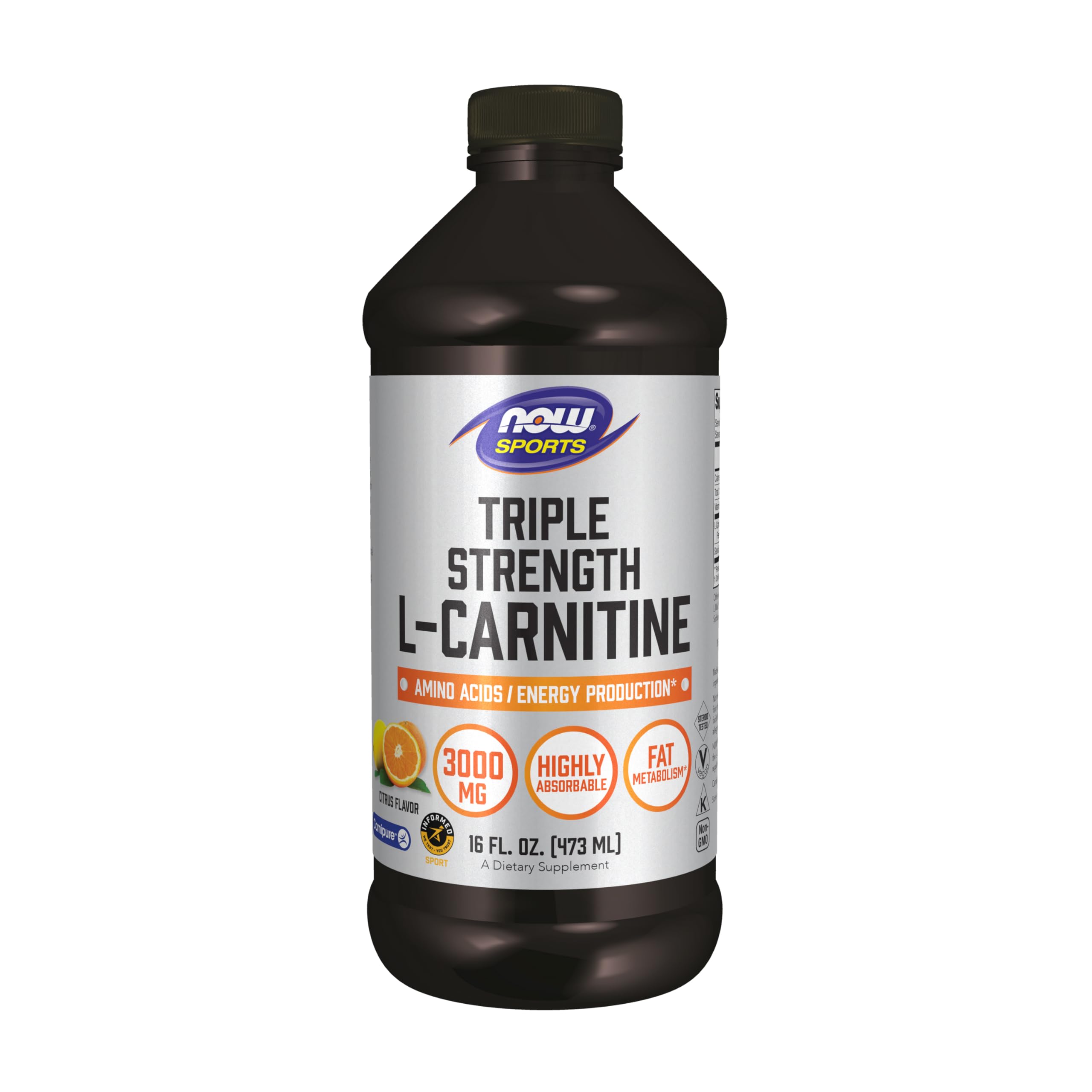 NOW Foods Sports Nutrition, L-Carnitine Liquid, Triple Strength 3000 mg, Citrus, 16-Ounce