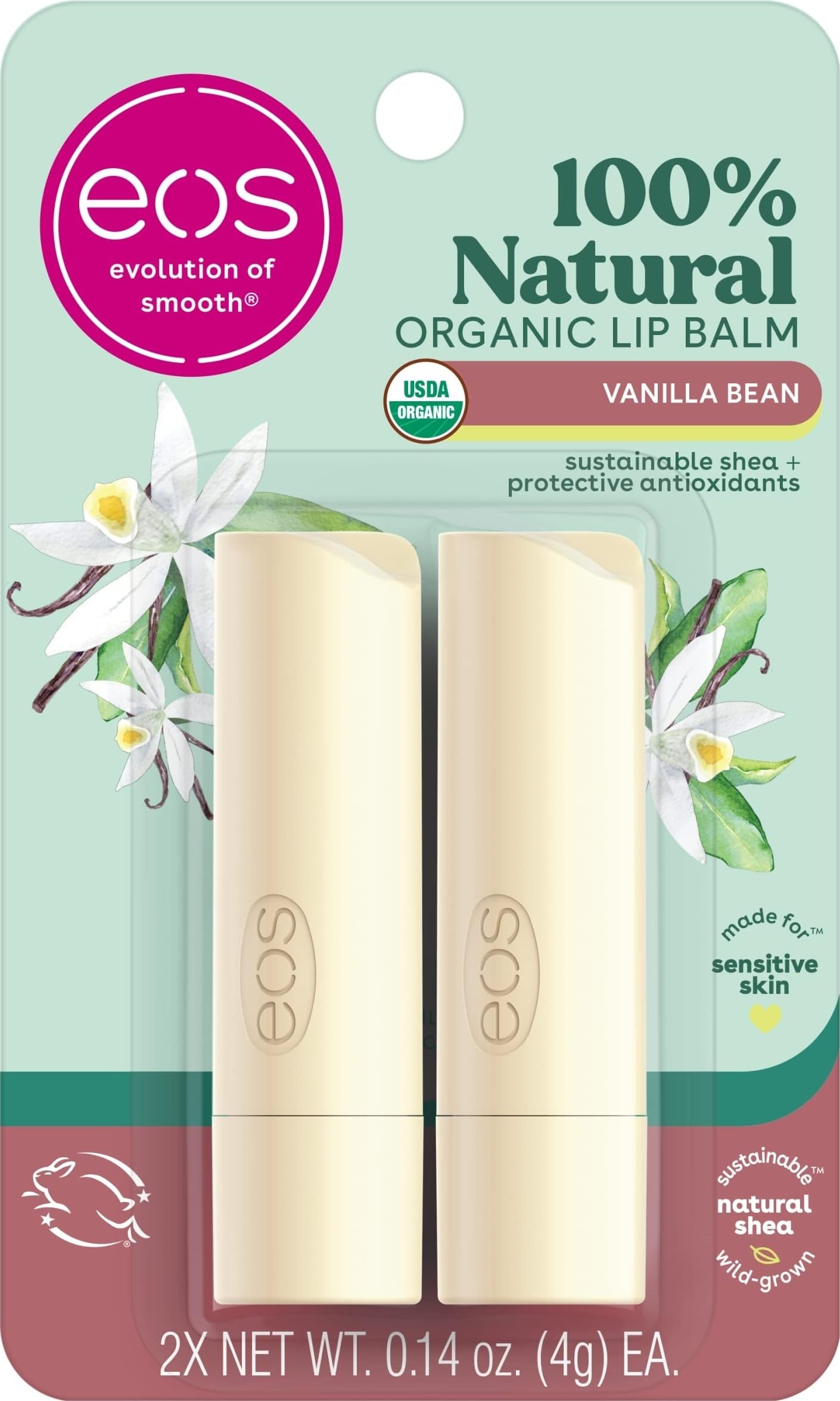 eos 100% Natural & Organic Lip Balm Sticks - Vanilla Bean, All Natural Lip Balm, All-Day Moisture, Dermatologist Recommended, 0.14 oz, 2-Pack
